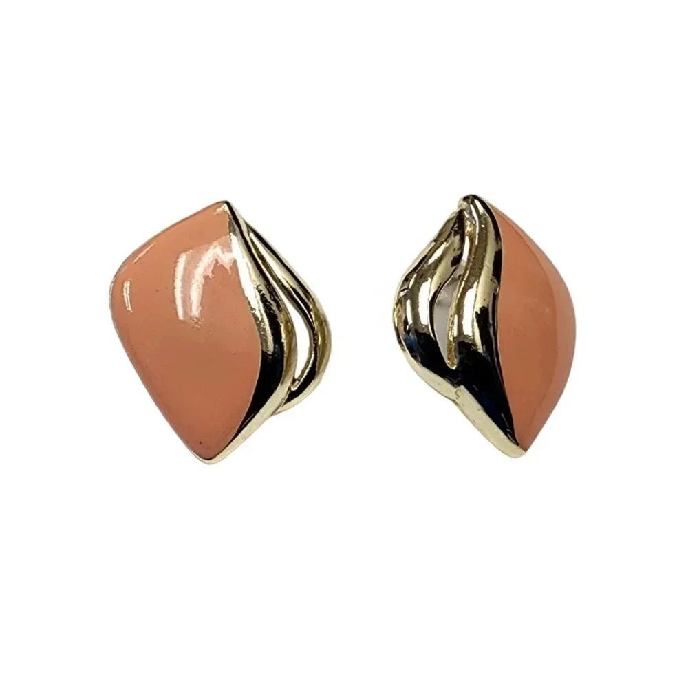 Vintage Pink Enamel Stud Earrings Gold Tone